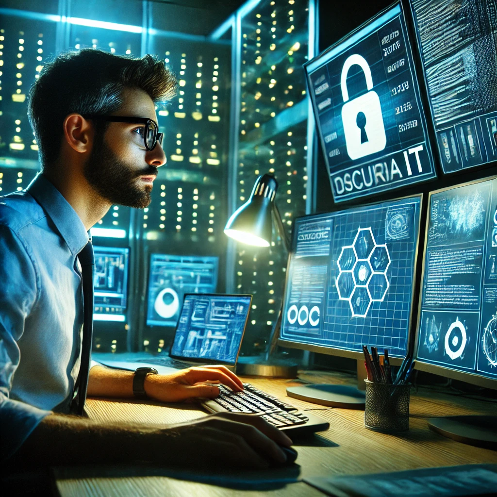 specialista IT che analizza schermate di sicurezza - security audit